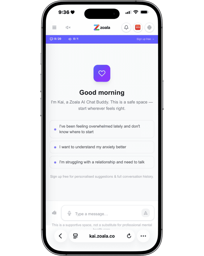 Screenshot of the Kai chat app showing a welcome message and suggested conversation prompts